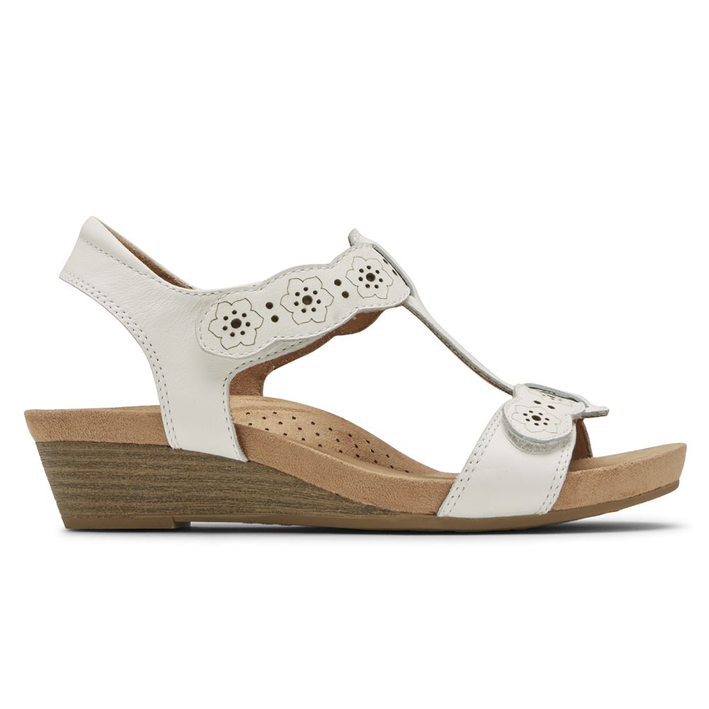 Rockport Women's Cobb Hill Hollywood T-Strap Wedges Sandals - White - USA (6791CXIOA)